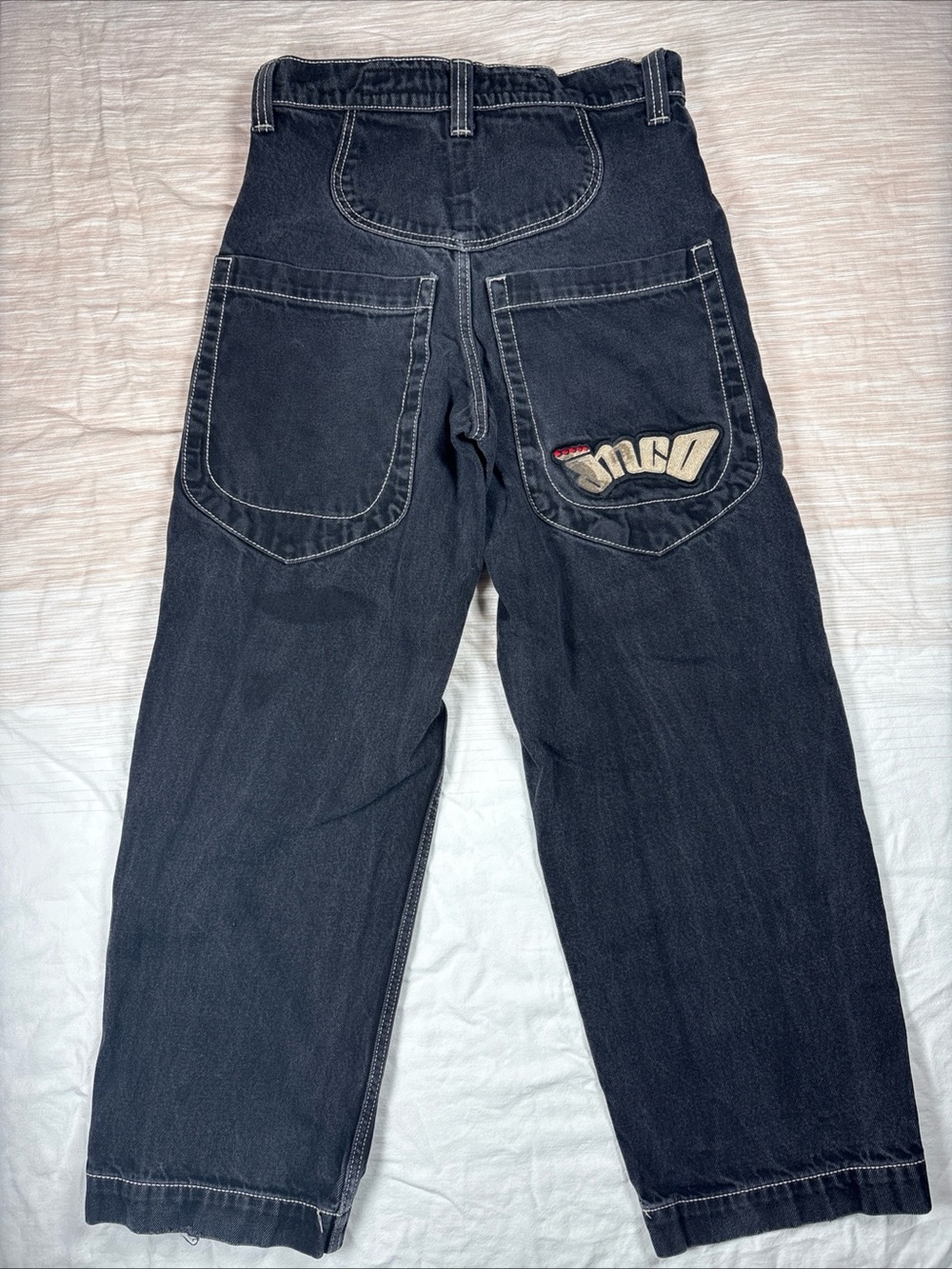 JNCO “Low Down” Black Wide Leg 5 Pocket Jeans with Embroidered Back Patch Y2K